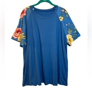 SHEIN Curve Blue Short Sleeve Blouse with Floral Sleeves Size 1XL NWOT ☀️
